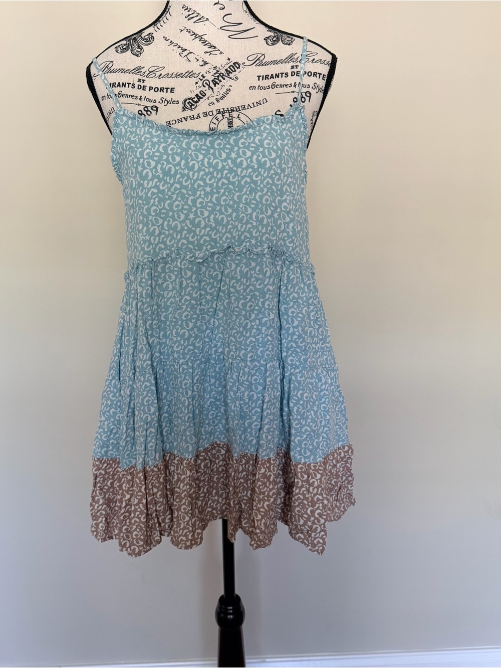 Kori Light Blue and Brown Tiered Spaghetti Strap Camisole Dress